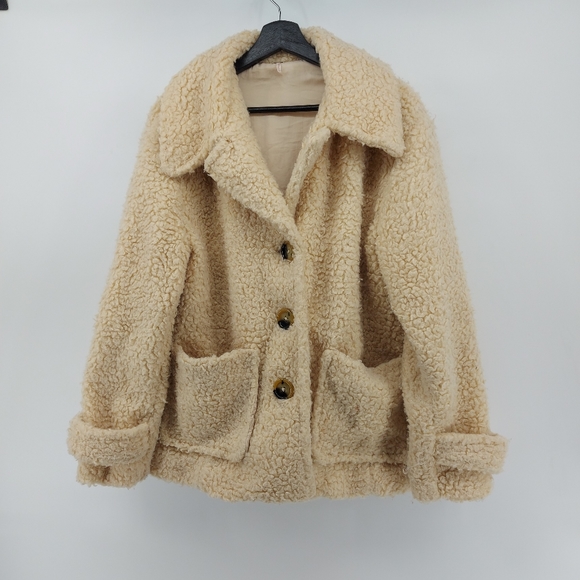 Free People Teddy Coat Sherpa Jacket Cozy Size M Button front Ivory - Picture 8 of 13